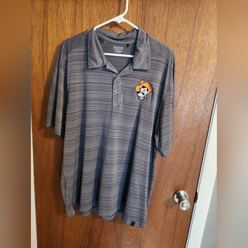 Grey striped men's polo Oklahoma State Embroidered Pistol Pete XL